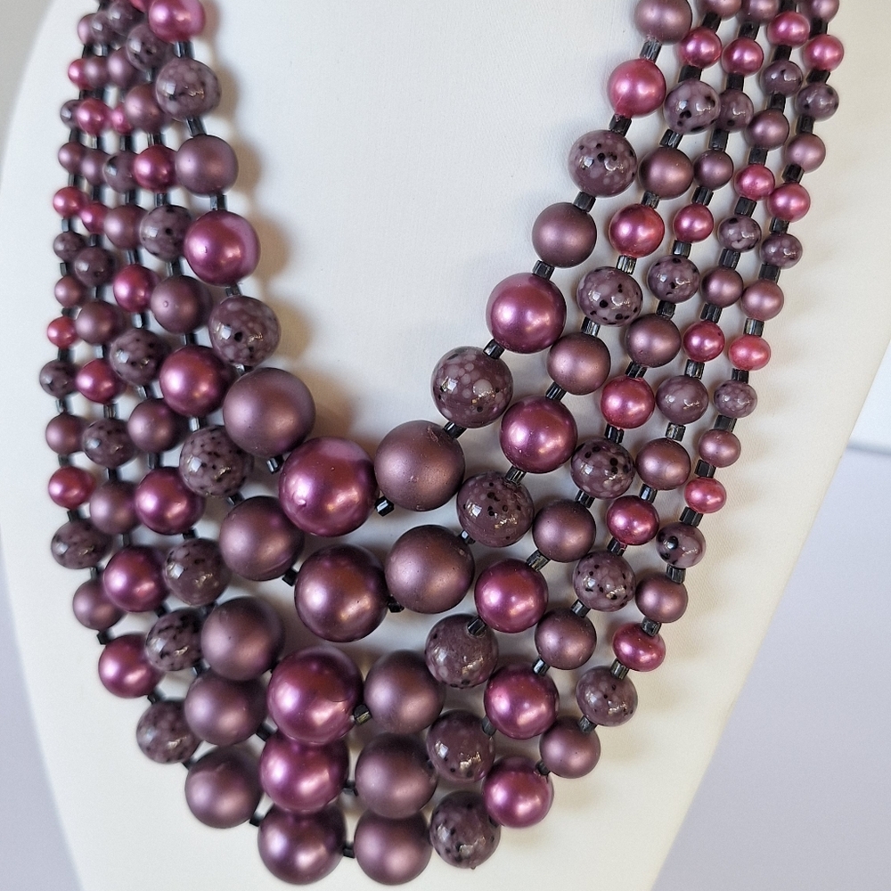 5 Strand Purple Glass Beaded Vintage Statement Necklace Stamped SOLD